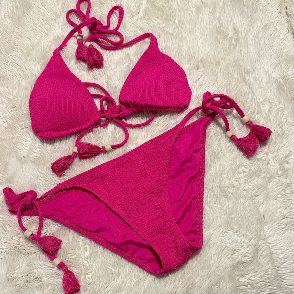 Lucky , Hot Pink Tassel Tie Bikini Set